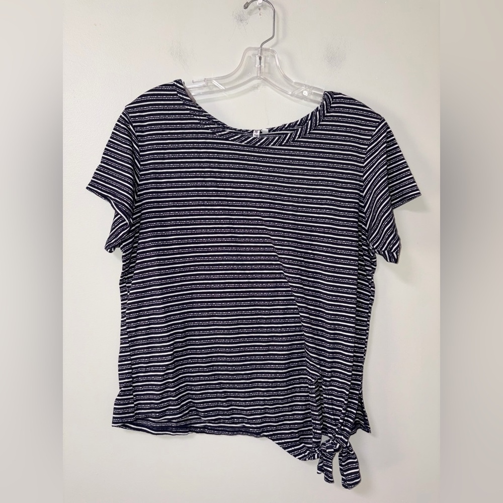 Kate Park‎ Navy White Striped Side Tie Knot Top Basic Preppy Casual Nautical L
